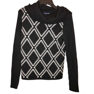 Ann Taylor Italian Merino Wool Argyle Plaid Cowl Neck Sweater Black‎ White Small